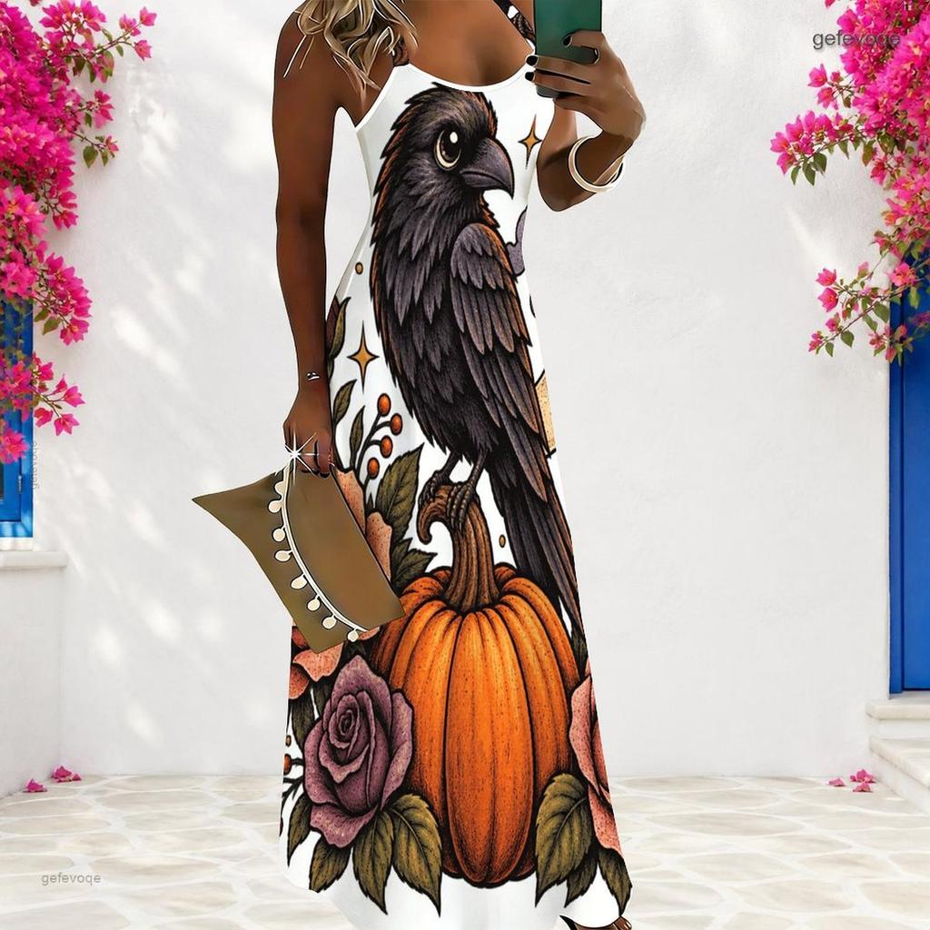 Women Plus Size Scoop Neck Strappy Sleeveless A Line Long Dress Cartoon Bear Pumpkin Printed