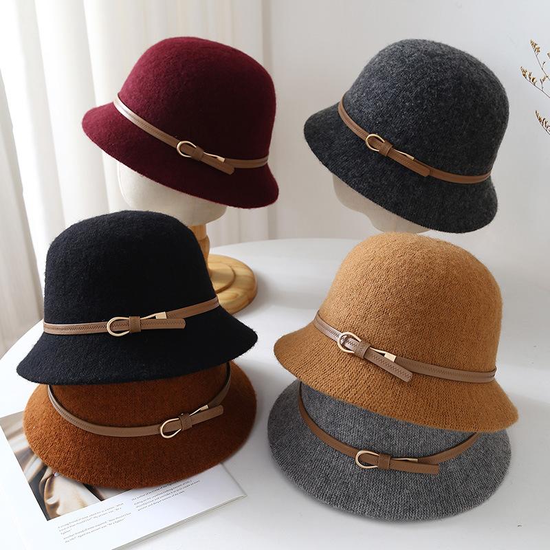 Elegant Hepburn woolen knitted bucket hat women's autumn and winter premium French retro warm and cold simple basin hat