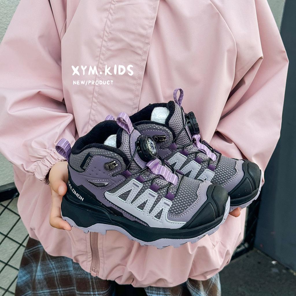 Детская походная обувь две хлопковые туфли 2025 зима новые одноклассники вращающаяся пряжка на открытом воздухе бархатные мальчики и девочки спортивная обувь