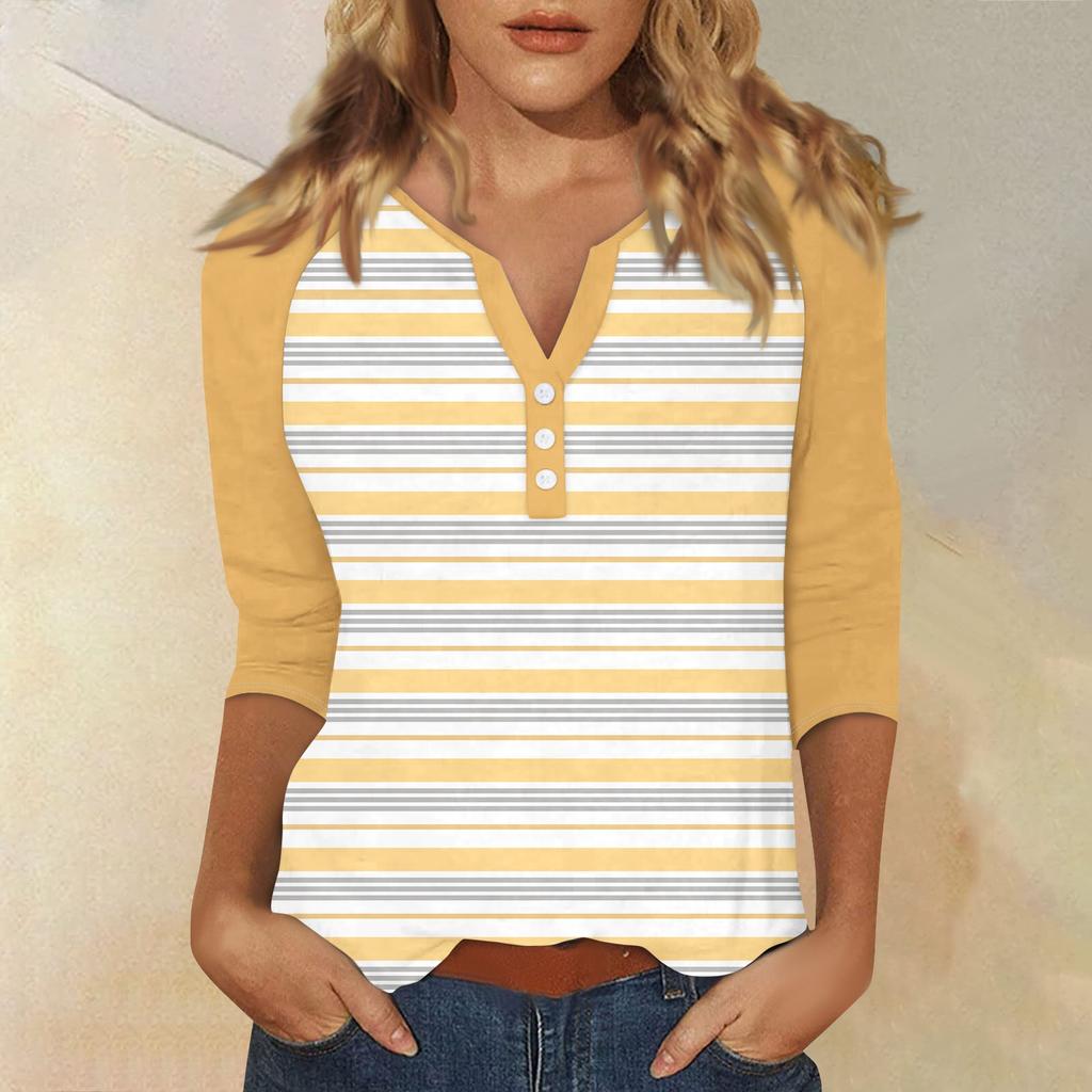 Жен. Футболка Футболка С принтом Пуговицы Рукав 3/4 Повседневные Выходные Мода Классический Классический V-образный вырез Обычный Верх