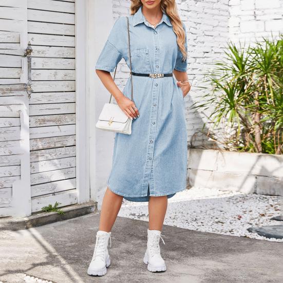 Джинсовое платье для женщин с коротким рукавом, джинсовое платье-рубашка на пуговицах с лацканами, летнее миди-платье-сдвиг с карманами
