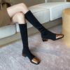 Ноги стройные~ показать длину ног~ осенне-зимние эластичные ботинки квадратный носок модные ботинки женские комбинированные ботфорты толстый каблук тренд