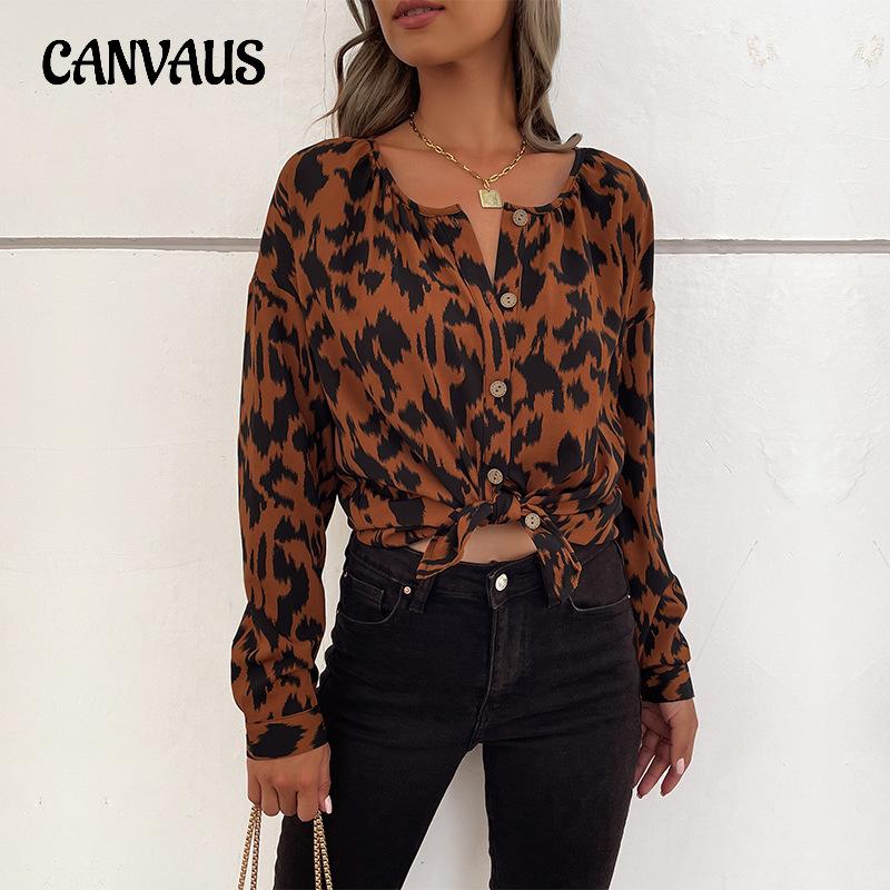 Bahor va Kuz Ayollar Bluzkalari Toplar Uzun Qo'lli Leopard Dizaynli Ko'ylak