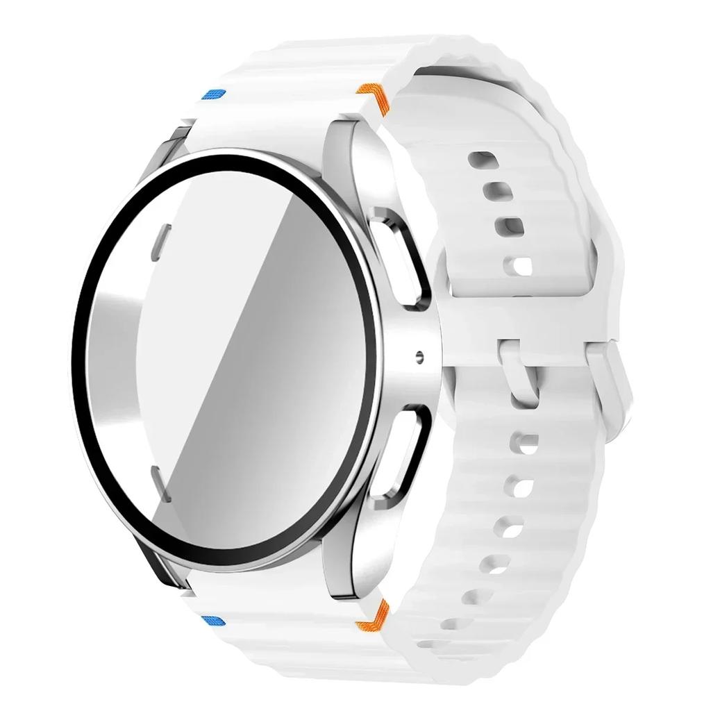 Чехол+Ремешок для Samsung Galaxy Watch 7 6 5 4 40мм 44мм Силиконовый Браслет Защитная Пленка для Экрана из Закаленного Стекла Бампер