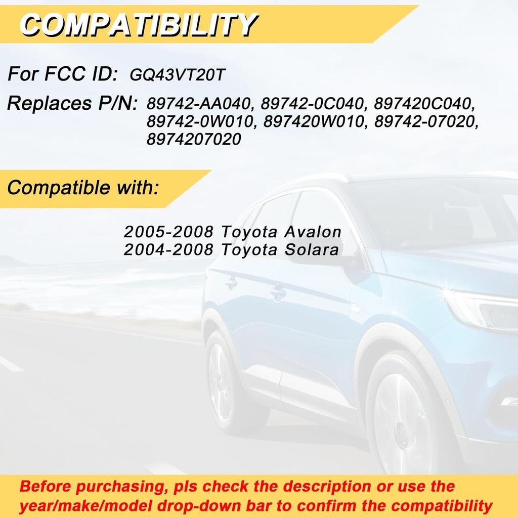 Key Fob Replacement for 2004-2008 Toyota Solara/ 05 06 07 08 Avalon Car Keyless Entry Remote Control, GQ43VT20T, 4 Buttons