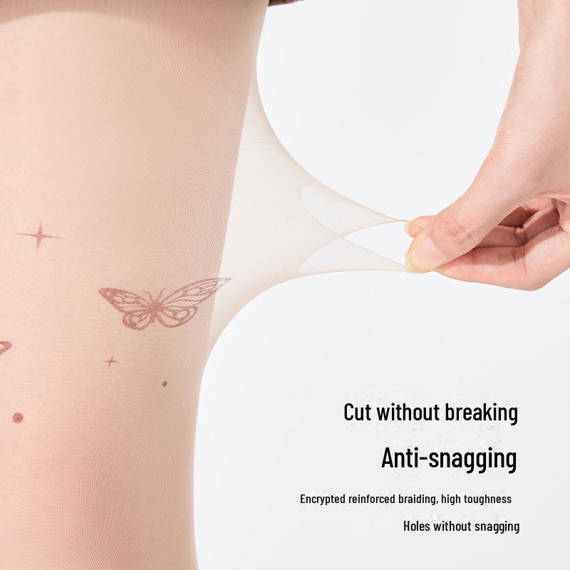 Женские антизацепляющие чулки с татуировками: Прочные, облегающие тонкие колготки с рисунком в виде белых бабочек для защиты от солнца и ухода за кожей весной и летом.