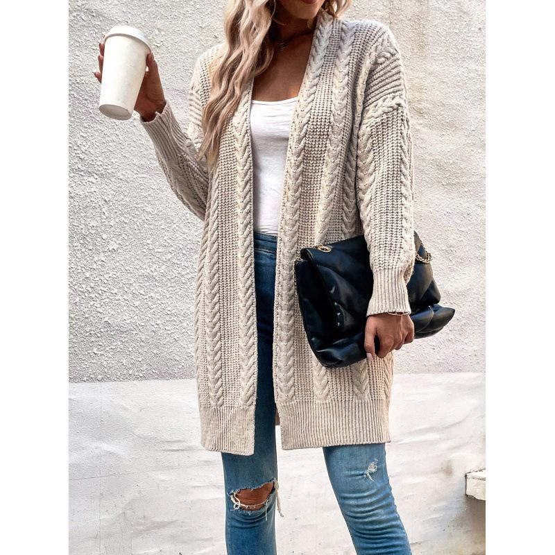 European Women's Cable Knit V-Neck Cardigan - Solid Color, Loose Fit, Long Knitwear.