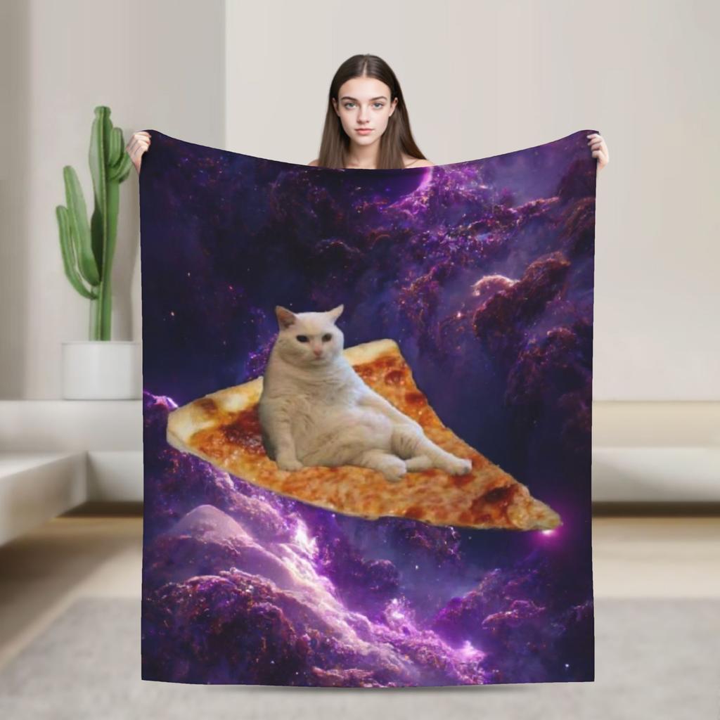 Outer Space Pizza Cat Rainbow Laser Eyes Blanket Flannel Winter Portable Soft Throw Blanket for Bedding