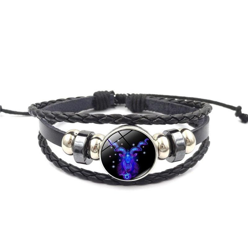 Unisex Snap Bracelet Weaving Fashion 12 Constellation Bead Leather Charm Couple Bangles Gifts