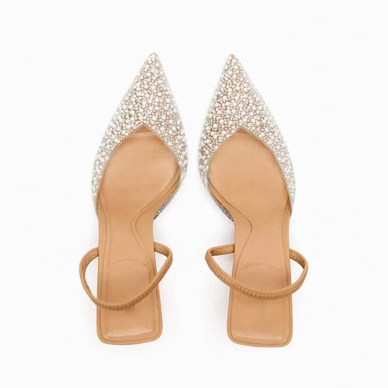 Женские босоножки на высоком каблуке с острым носком, лето 2024, сексуальная женская обувь, модные женские туфли-лодочки с открытой пяткой, украшенные жемчугом