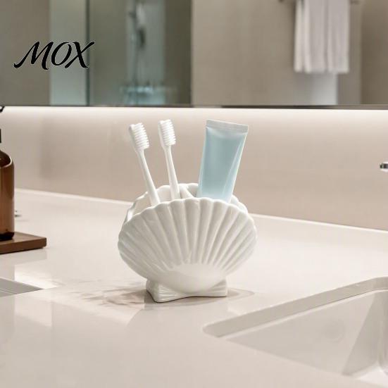 Bathroom Toothbrush Holder Shell Shape for Countertop, 2 Compartments Waterproof No Drill Toiletry Desktop Organizer, Ocean Style & Toothpaste Storage