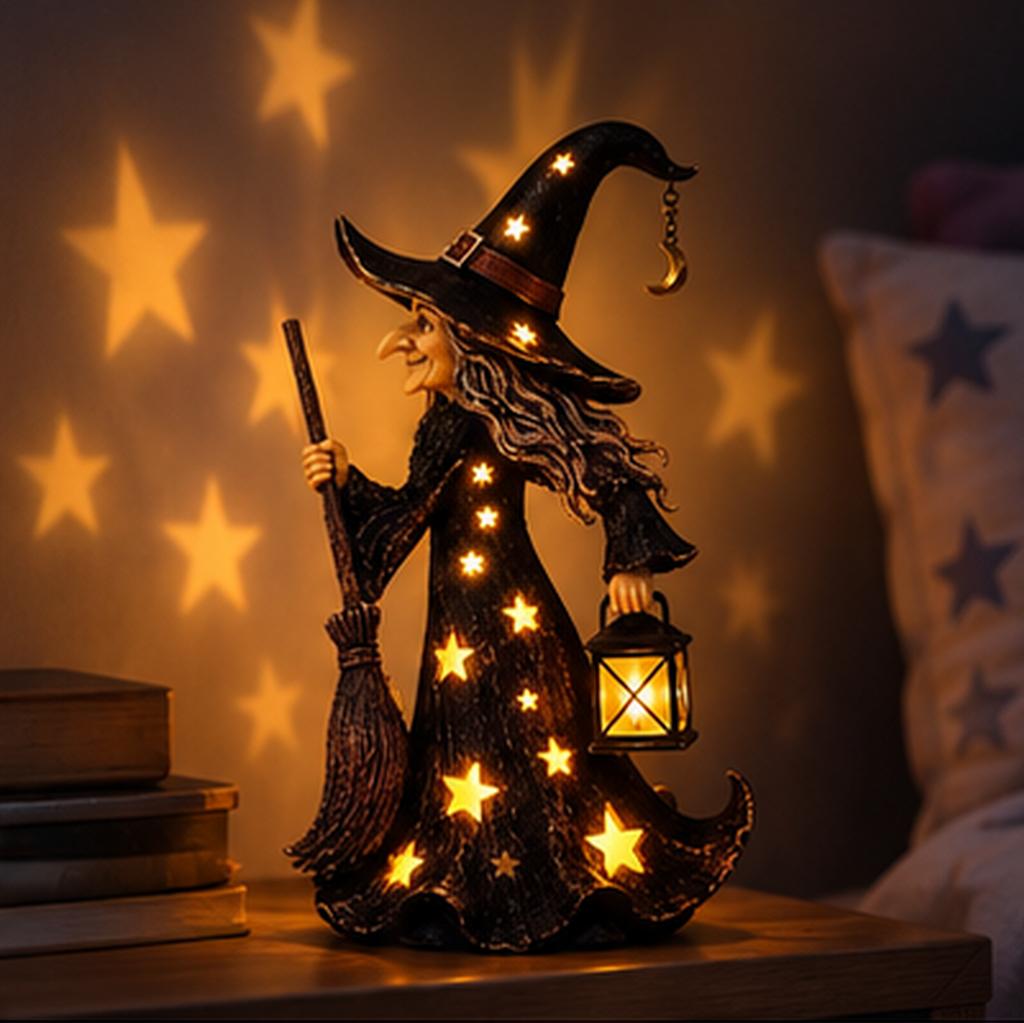 Star Witch Night Light Ornament - Gothic Halloween Figurine Decor with Soft Glow for Spooky Home Accents