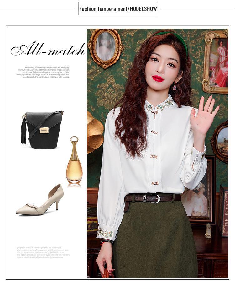 Women's Stand-Up Collar Shirt with Chinese Embroidery, Zen Style Long-Sleeve Top for Spring and Autumn.