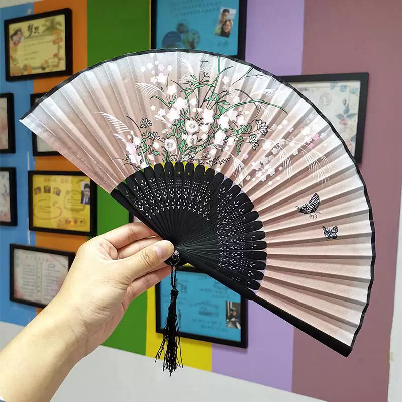 Chinese Style Folding Fan for Men, Portable, Retro Style, Classical, Traditional Hanfu, Black and Green, Bamboo Design