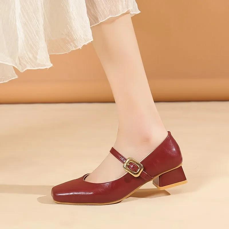 Овчина 2024 Весна и Осень Квадратный Носок Низкий Каблук Туфли-Лодочки Ретро Стиль Туфли Мэри Джейн
