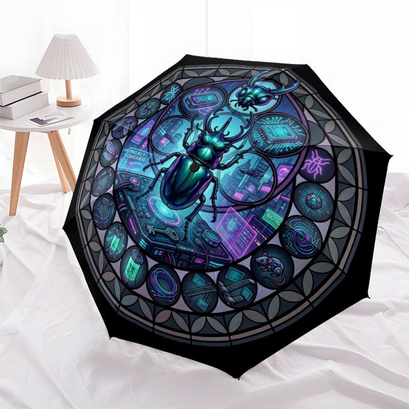 Cybernetic Beetle Project pattern umbrella, portable and foldable design, 8 ribs, a casual accessory for Halloween, Christmas, and birthday gifts.