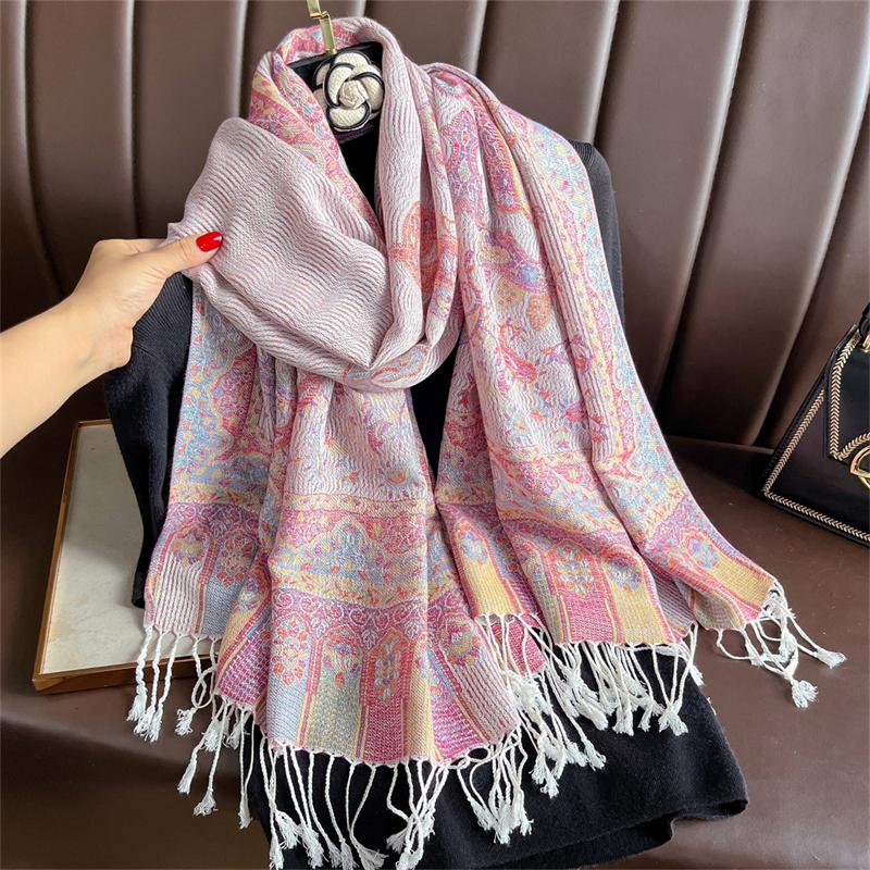 Luxury Embroidery Cashmere Winter Scarves Women Pareo Cape Warm Muslim Modal Hijabs Shawl Chunky Headscarf Ladies Elegant Poncho
