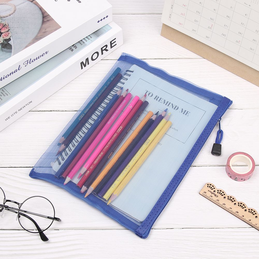 Handbags Cosmetic Stationery Zipper Pencil Case Mesh Pen Bag Transparent Grid Cosmetic Storage