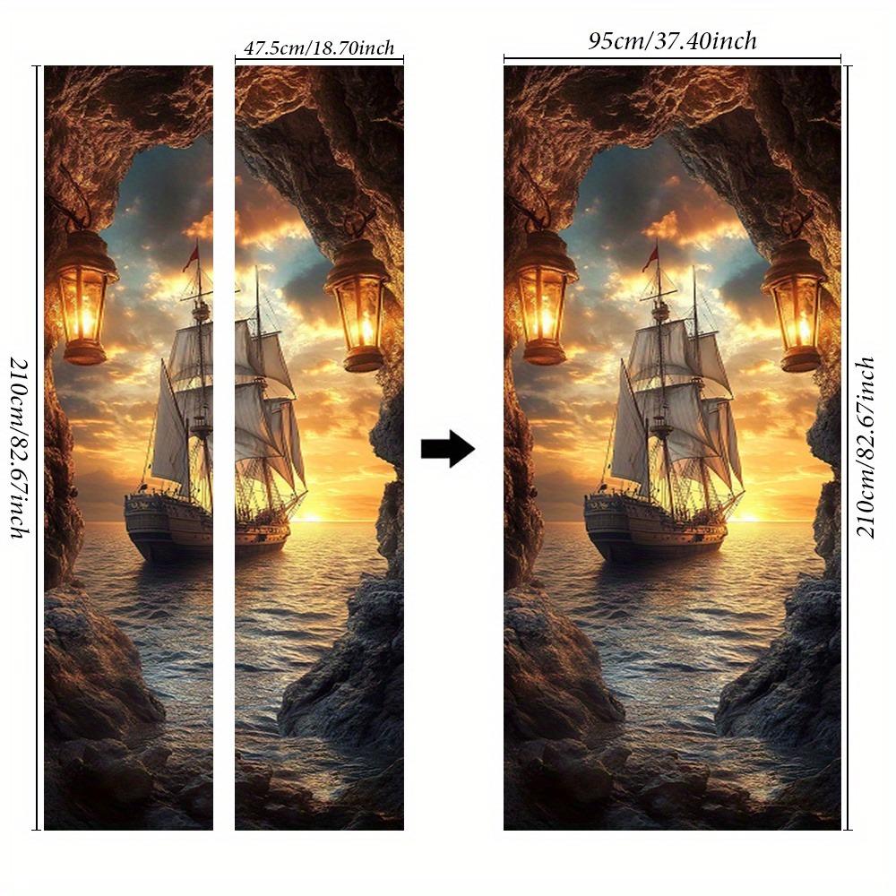 1/2pc Ocean Wall Mural Door Sticker - Removable Self-Adhesive PVC Door Sticker with Sunset and Sailing Scene, Cartoon Theme Home Decor
