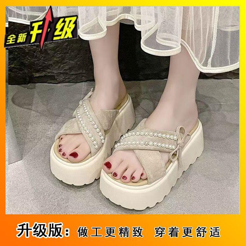 Перламутровый бант крест 2025 лето новые сандалии тапочки на высокой платформе женская верхняя одежда с юбкой односложные сандалии