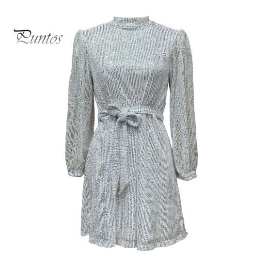 Женское платье со шнуровкой и блестками, короткое платье с круглым вырезом и длинными рукавами, однотонное весенне-осеннее платье с поясом на талии для вечеринок, свадеб, клубов, баров