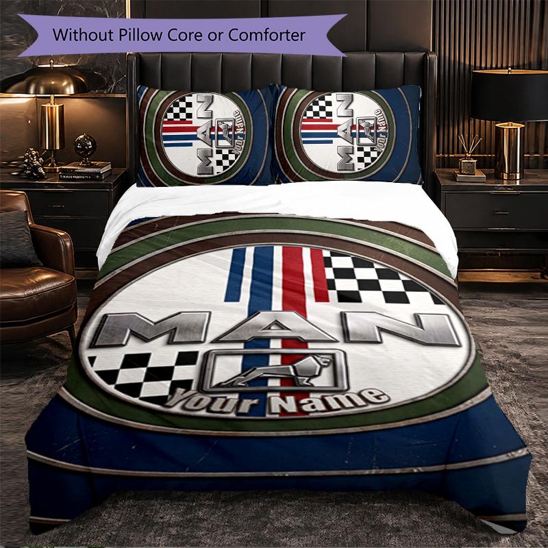 MAN Truck Customized Name Text Bedding Set, 1 Duvet Cover & 2 Pillowcases Personalized Bedroom Gift