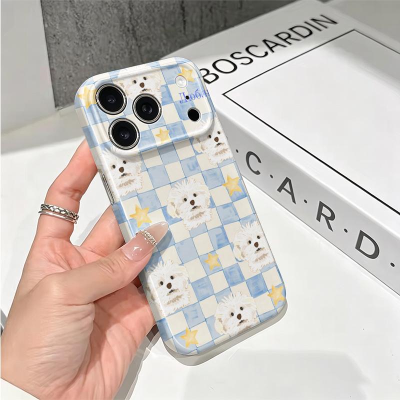 Cute Puppy Dog Blue Checkered Yellow Star Graphic Art Design Film Aesthetic Protective Shockproof Bumper Case Cover For iPhone 14 15 16 Pro Max Plus