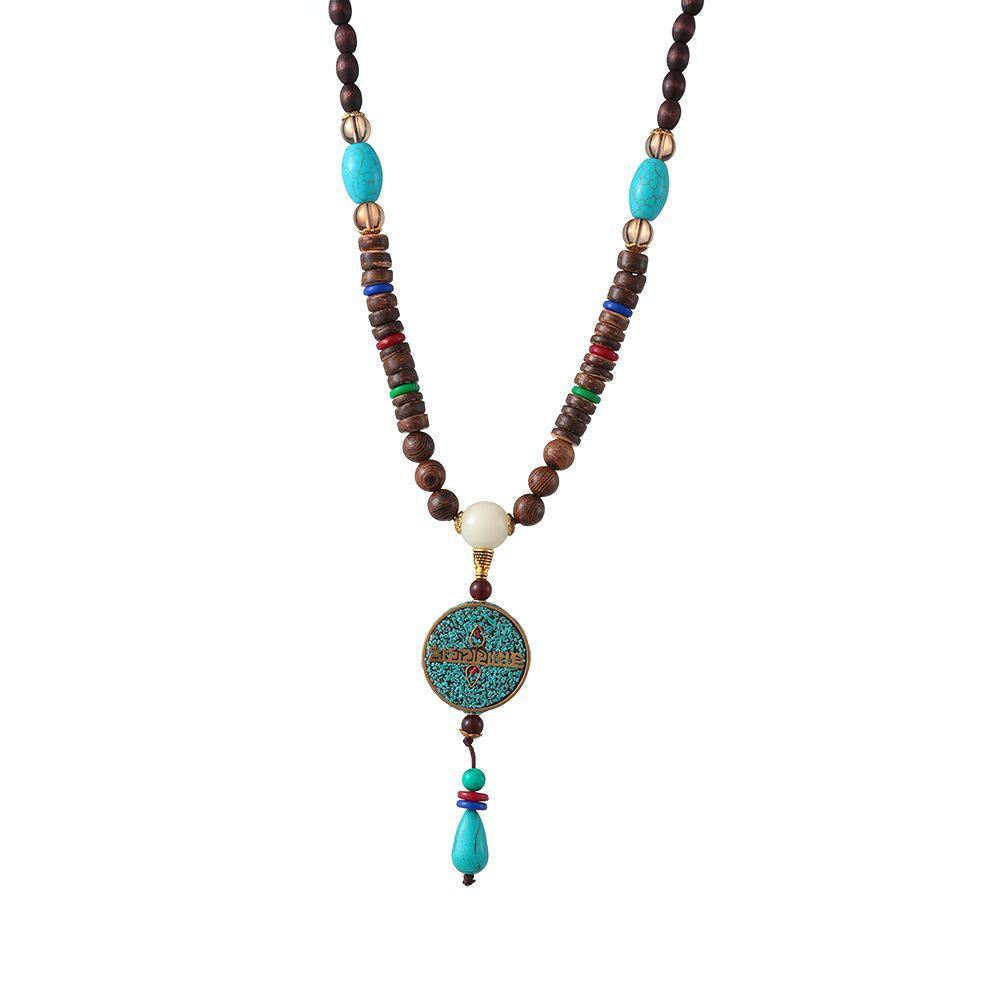 Boho Lucky Gift Ethnic Jewelry Party Buddhist Mala Wood Bead Horn Fish Pendant Nepal Necklace