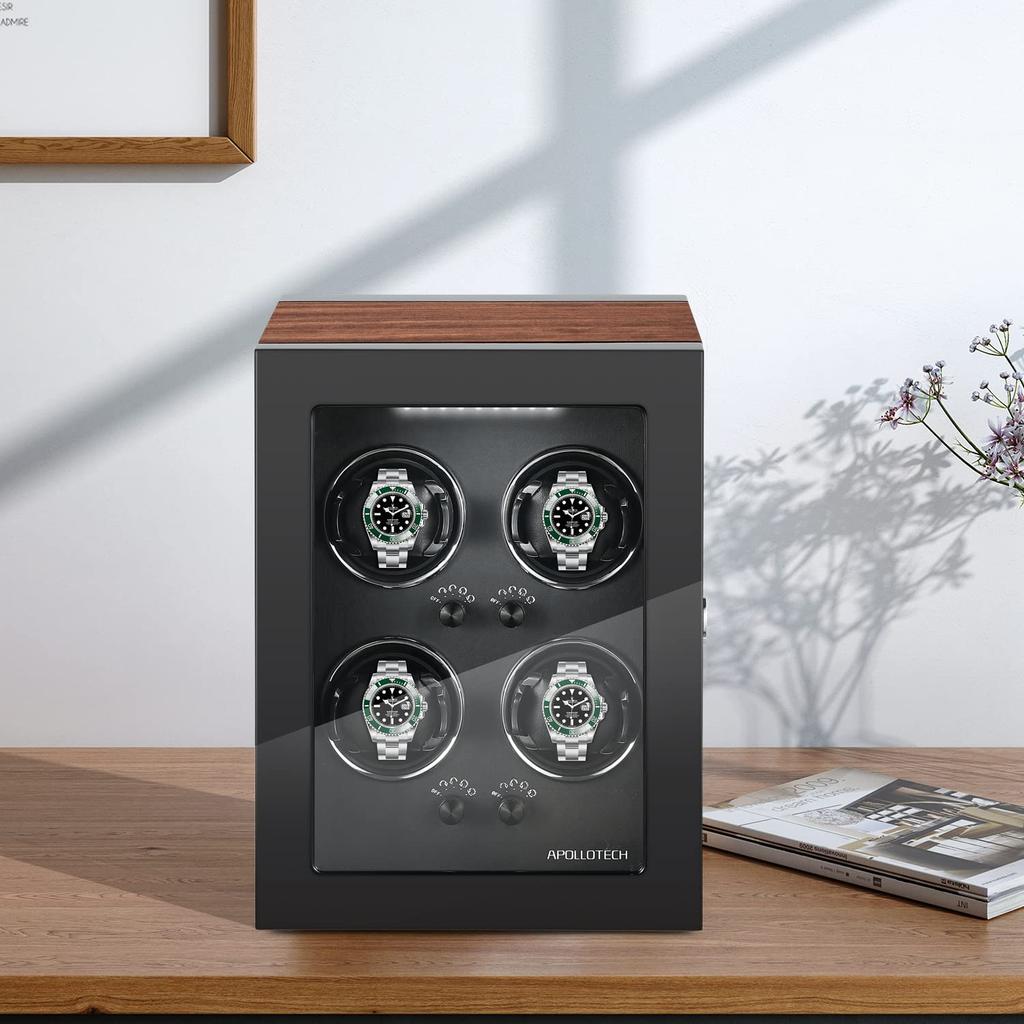 Заводная машина для часов Автоматическая заводная машина для часов Футляр для часов Светодиодная подсветка Вмещает 4 Встроенные (Черный, Часы)