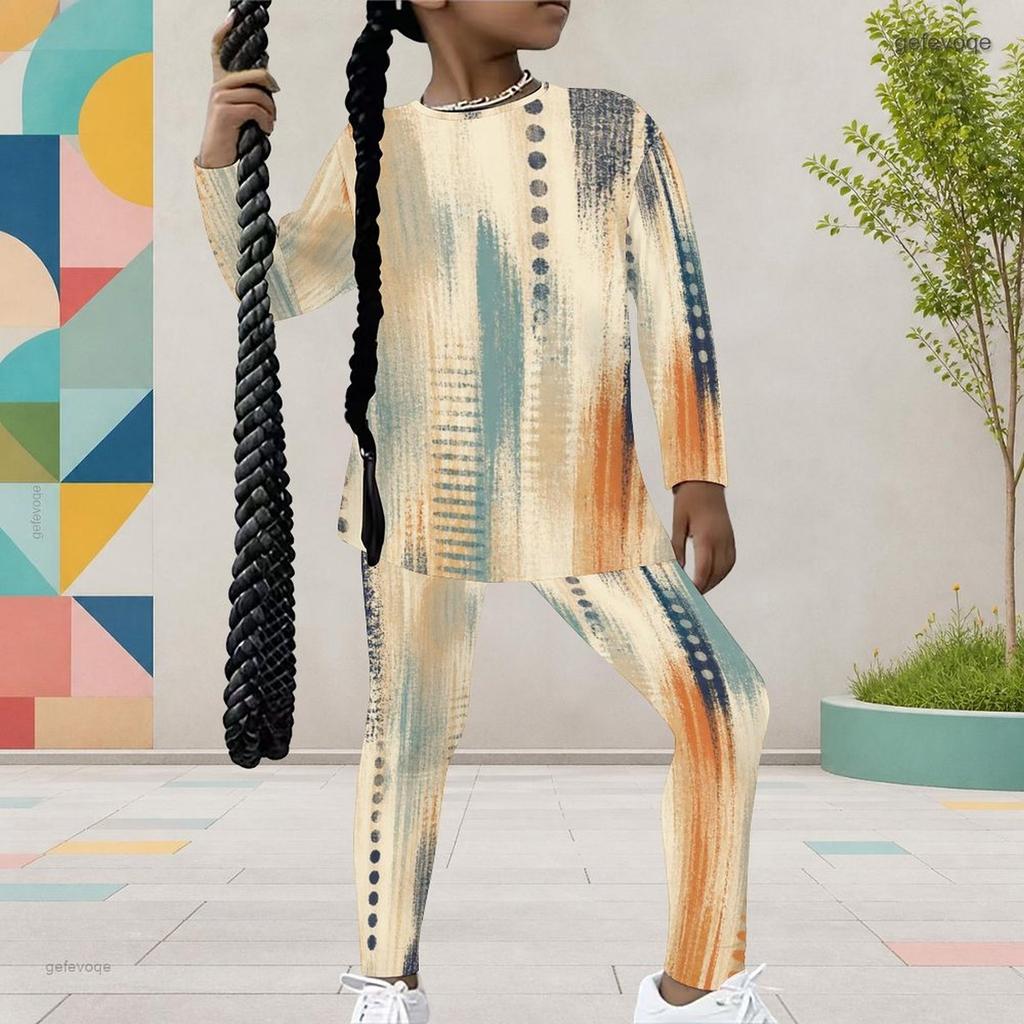 Girls Watercolor Printed Round Neck Long Sleeve Top And Fitted Pants Two Piece Set