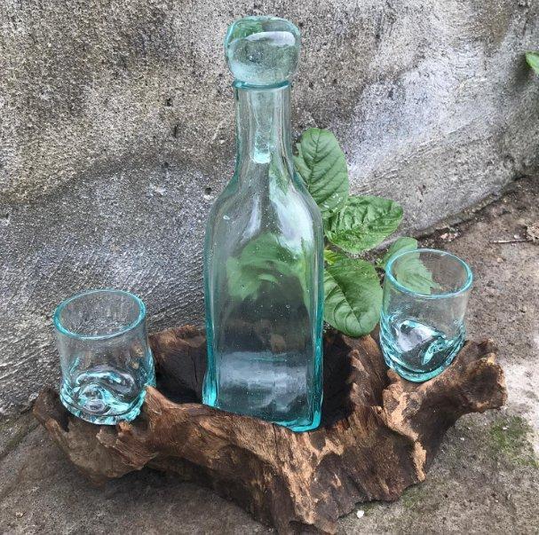 Whisky Set Molten Glass On Wood Base