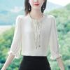 Атласная рубашка женская летняя однотонная универсальная модная темпераментная рубашка с рукавами семь четвертей