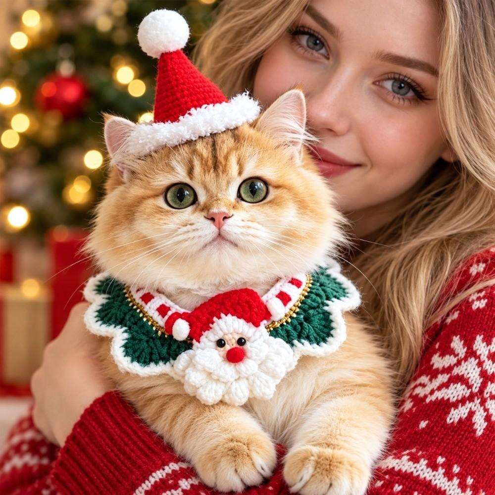 Yarn Christmas Pet Neckwear Jingle Bell Pet Holiday Bib Dog Knitted Collar  New Year