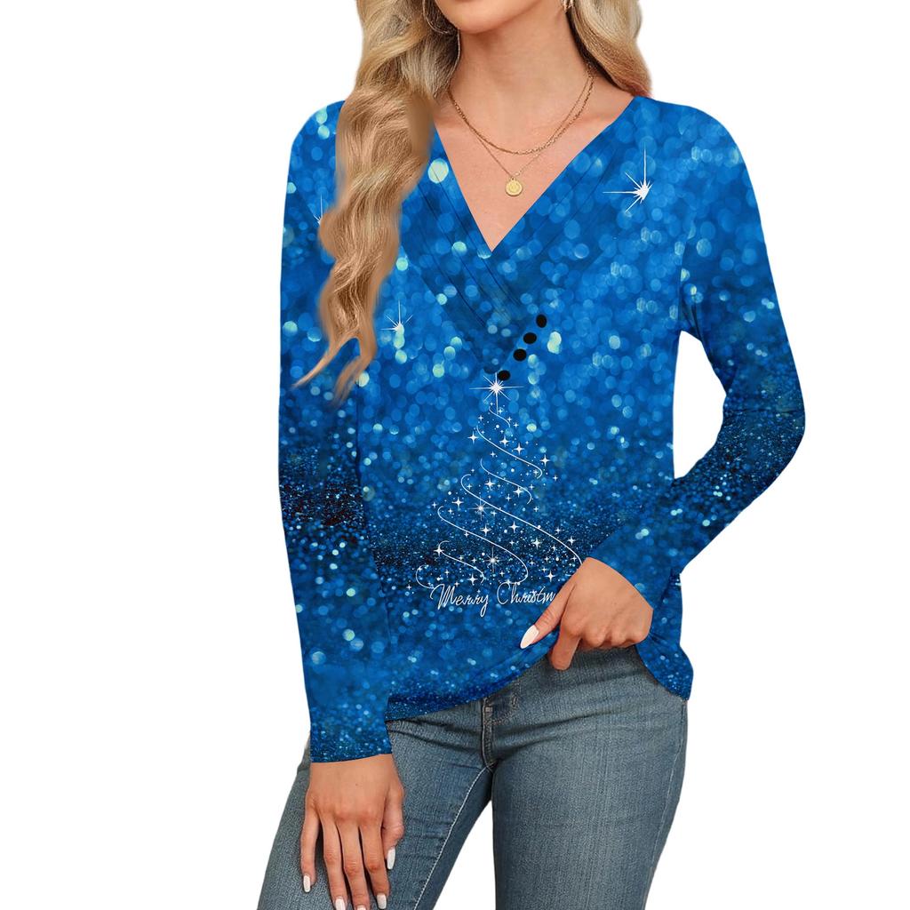 Women's Fashion Casual V-neck Pleated Christmas Long Sleeve Top