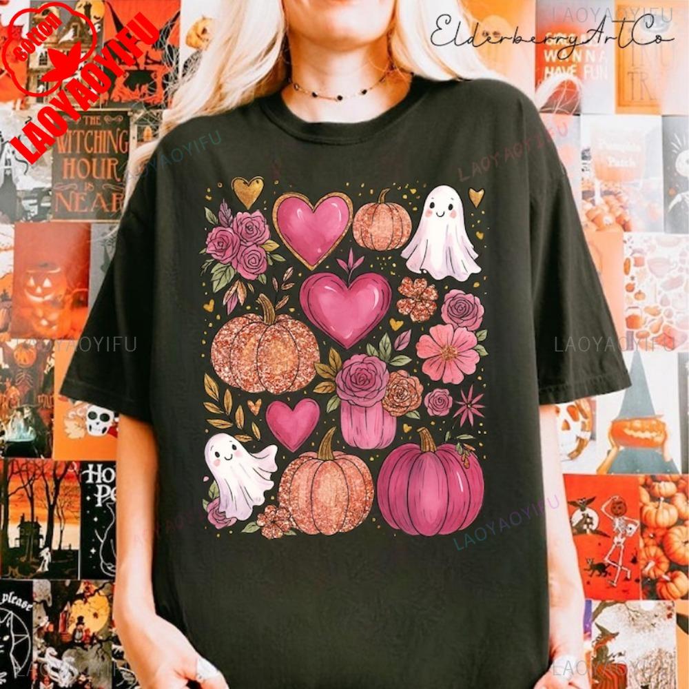 Pink Halloween Ghost Shirt Girly Pumpkin Tees Boho Floral Fall TShirt Glitter Autumn Vibes Tees Unisex Sweatshirt Aesthetic Tees