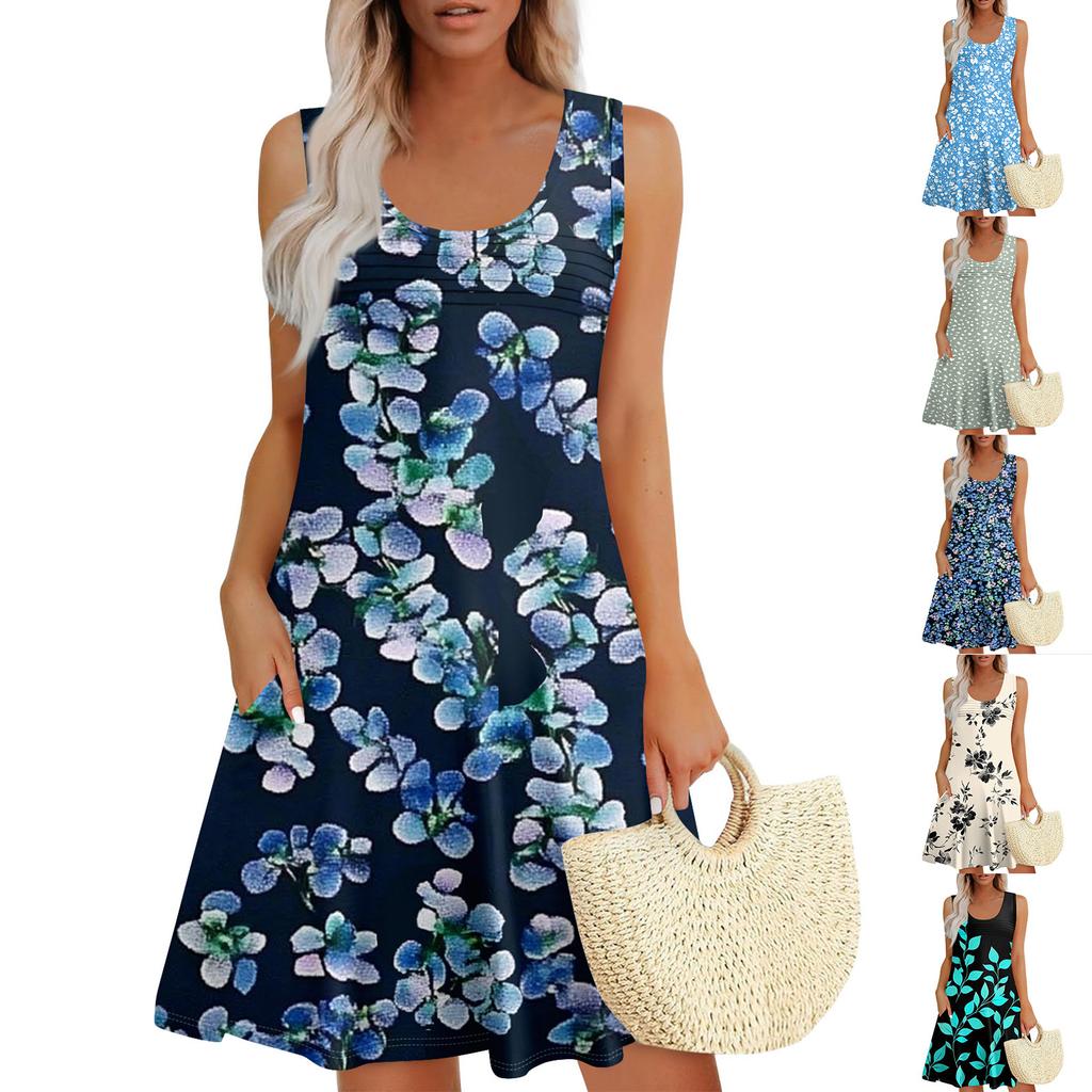 Womens Summer Dresses Loose U Neck Sleeveless Sundresses Dress With Pockets