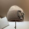 False Rabbit Fur Women's Knitted Hat Luxury Rhinestones Heart Pattern Winter Beanie Designer Hats Lady Warm Walking Bonnet Beanie