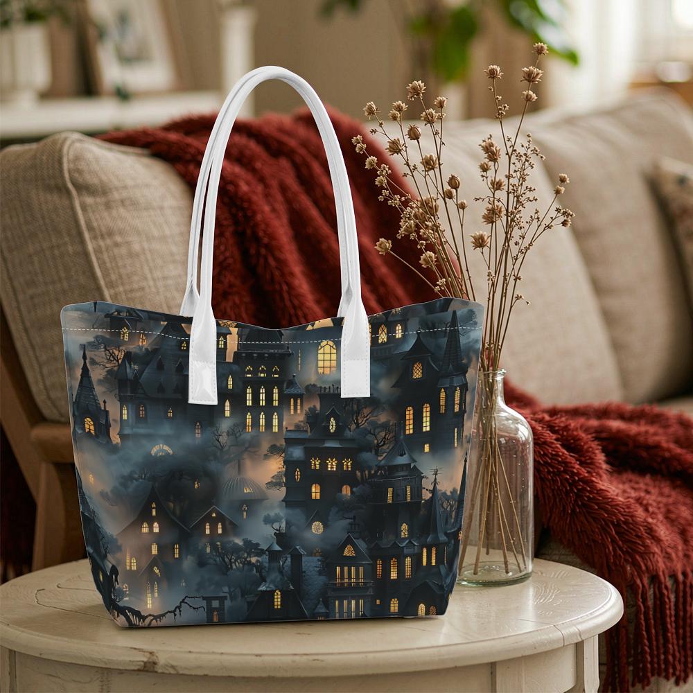 Halloween Dark Castle Print Tote Bag Casual Large Capacity Daily Shoulder Handbag