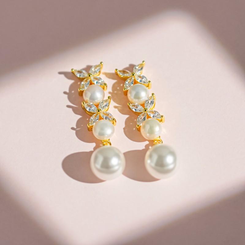 Elegant Long Drop Earrings With Natural Freshwater Pearl Clover Zircon Studs Women Sterling Hypoallergenic