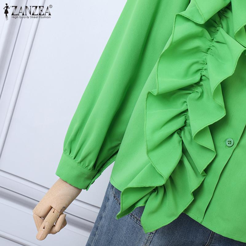ZANZEA Женская повседневная однотонная рубашка с длинным рукавом и оборками