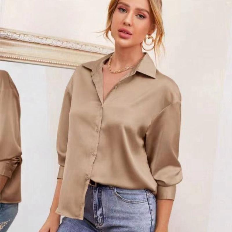 Модные повседневные свободные рубашки с длинным рукавом для женщин, весна и лето, новые офисные женские блузки, топы с пуговицами на лацканах, однотонные простые тонкие женские рубашки 26257