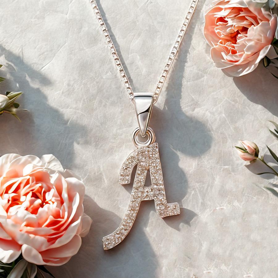 Round Cut Real Moissanite Customize A Letter Pendant 14K White Gold Plated