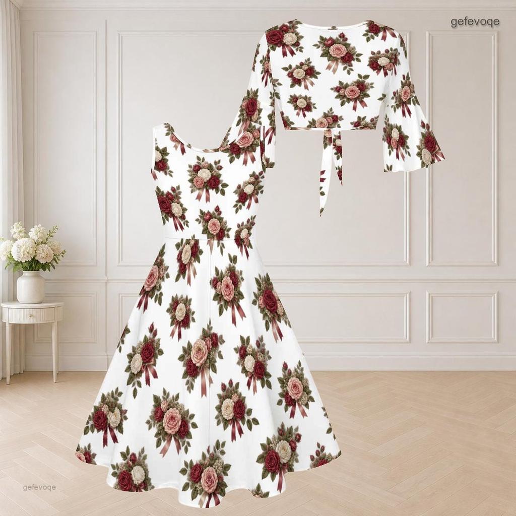 Women Plus Size V Neck Tulip Floral Print Knot Front 3 4 Sleeve 2 Piece Dress Set