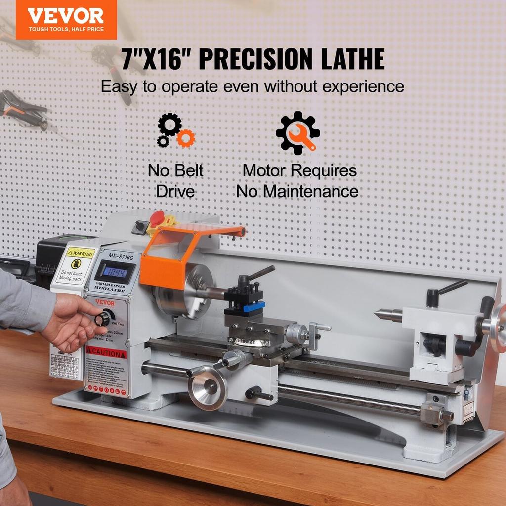 Mini Metal Lathe Machine, 7'' x 16'', 800W Precision Benchtop Power Metal Lathe, 150-2500 RPM Continuously Variable Speed, with 3.9'' 3-jaw Metal