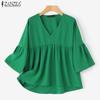 ZANZEA Women's Summer Casual V-Neck 3/4 Bell Sleeves Pleated Solid Color Loose A-Line Blouse