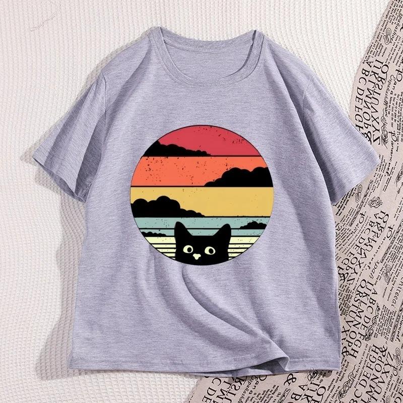 Black Cat Sunset T Shirt Vintage Graphic Unisex Unisex Tshirts Cool Casual Short Sleeve Tees Harajuku Animal Lover Tshirts Gifts