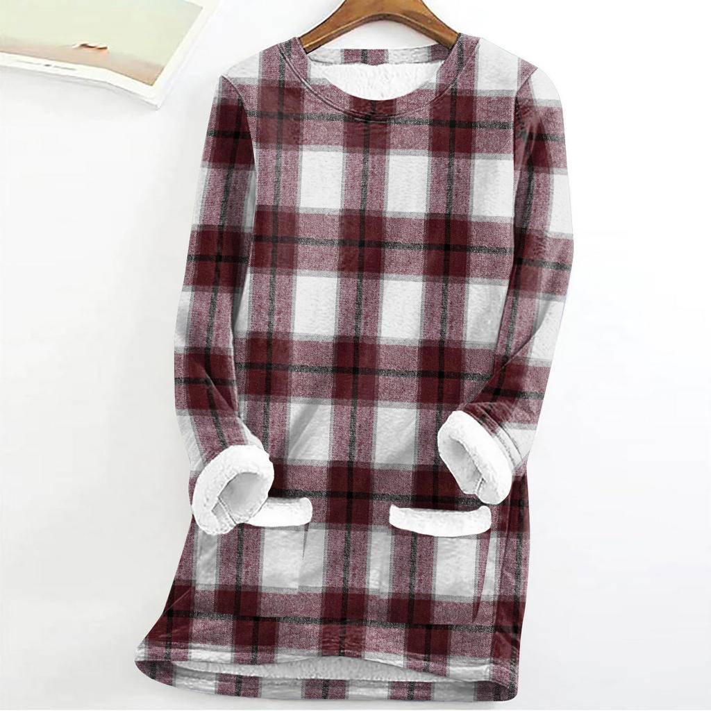 Women's Fashion Plaid Print Round Neck Long Sleeve Plush Winter Warm Pullover Top