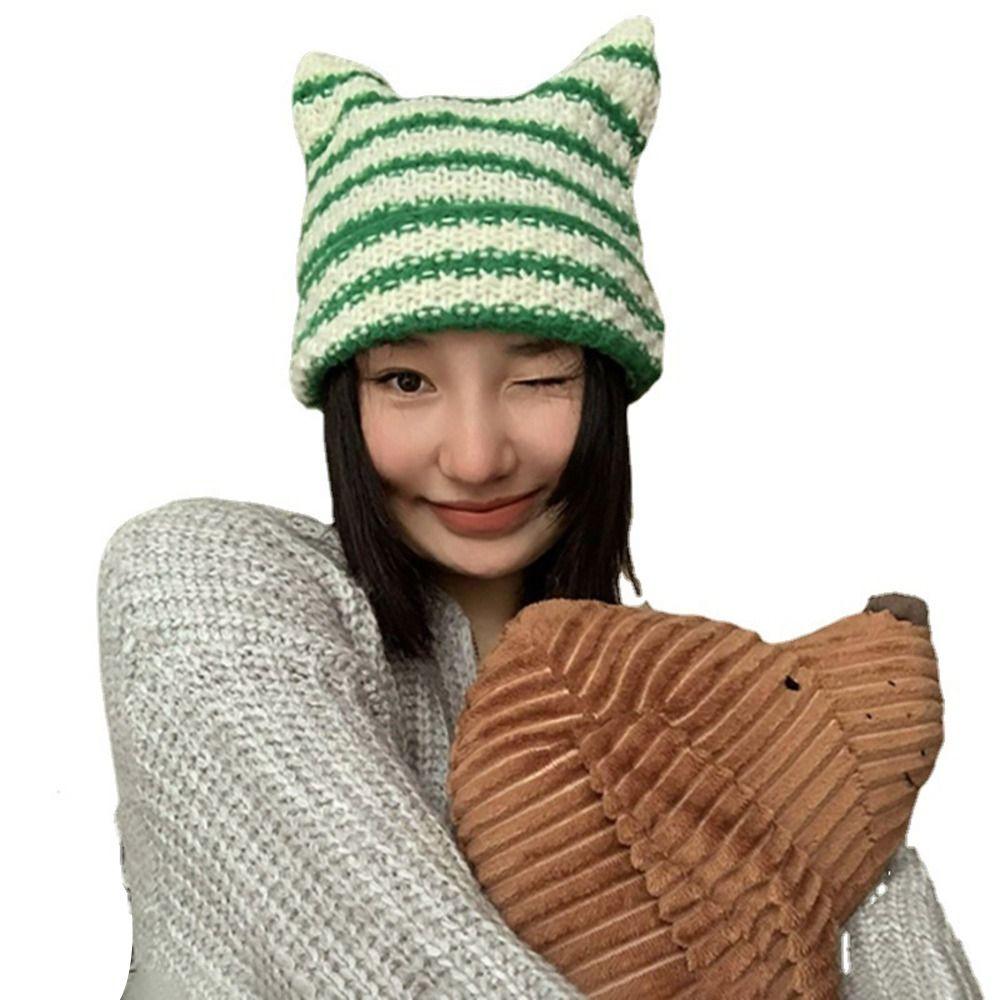Winter Women's Hats Cute Cat Ears Knitted Wool Cap Japanese Beanie Hat Ins Little Devil Striped