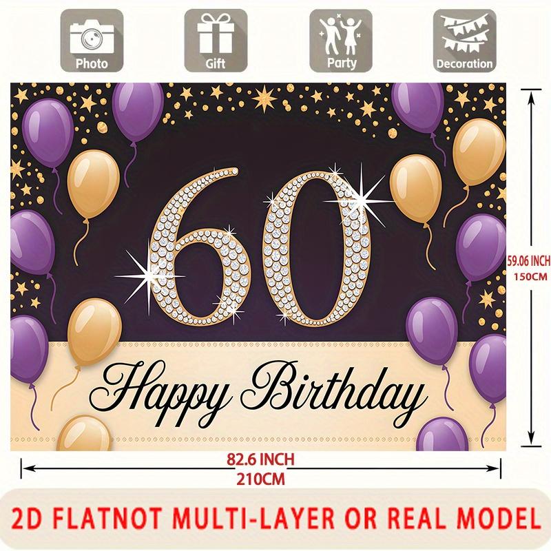 Happy 60th Birthday, 1pc Polyester Party Backdrop Banner, Photo Booth Background, Wall Decor