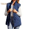 Winter Women Vest Coat Thickened Padded Button Closure Stand Up Collar Sleeveless Solid Color Drawstring Tight Waist Windproof Heat Retention Outdoor